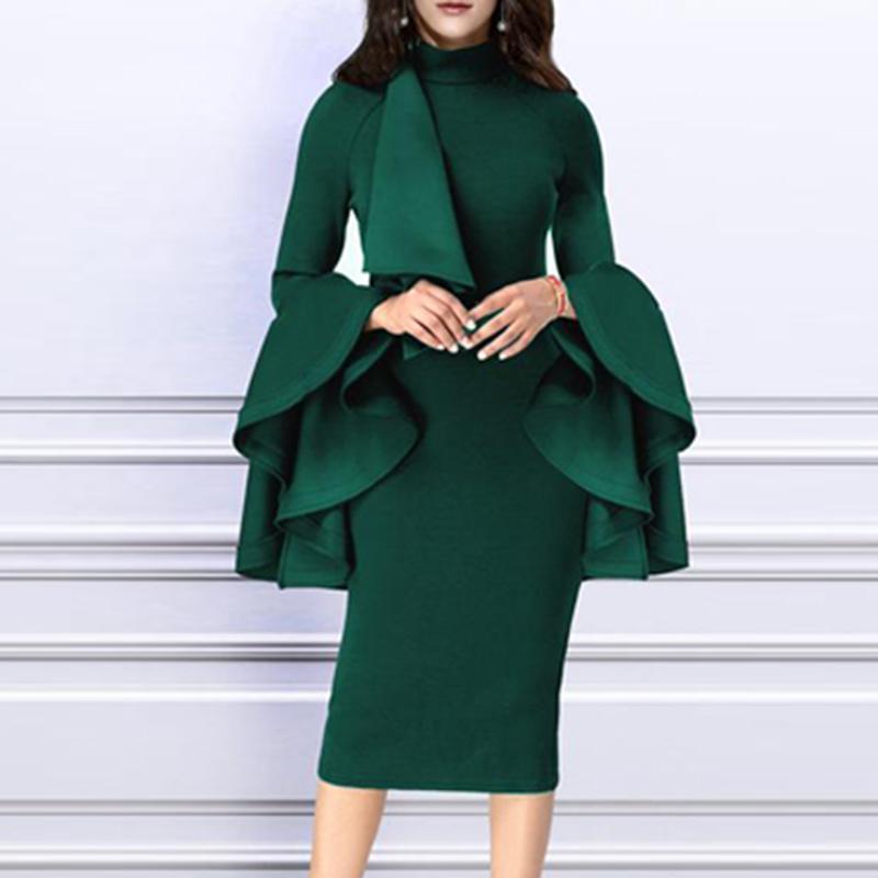 Women's Elegant Wrap Midi Bell Sleeves & Tie-Up Waist Green Dress main image 0