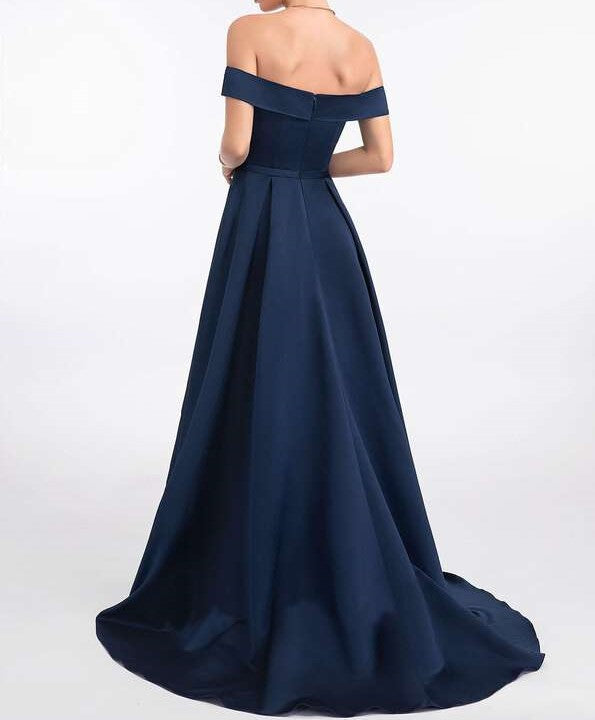 Navy Blue Off-the-Shoulder Satin Asymmetrical Dress – iwearmystyle
